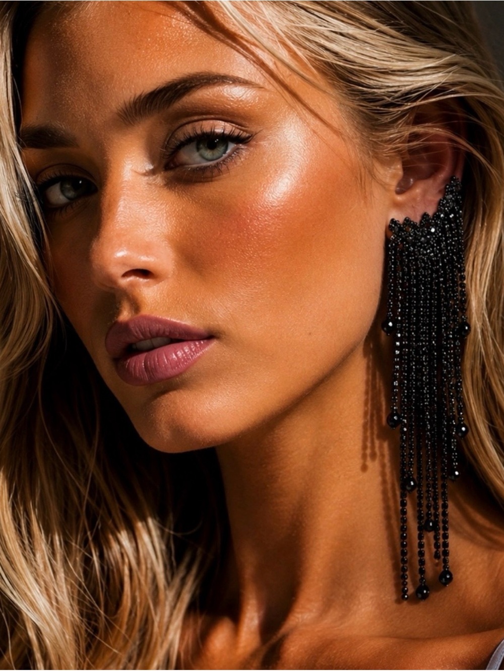 NWT Free People "Comeback" Ear Party Black Crystal Fringe Earrings Black